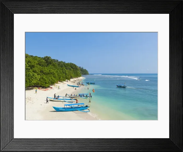 Framed Print : Outrigger boats on beautiful white sand beach in the national park on the south coast at Pangandaran, West Java, Java, Indonesia, Southeast Asia, Asia Framed Print : Outrigger boats on beautiful white sand beach in the national park on the south coast at Pangandaran, West Java, Java, Indonesia, Southeast Asia, Asia
