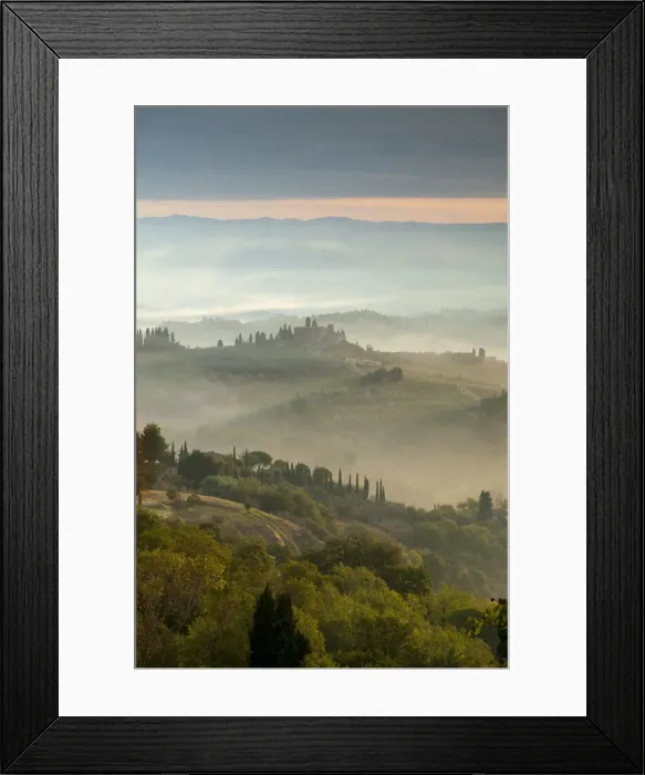 Framed Print : Early morning view across misty hills from San Gimignano, Tuscany, Italy, Europe Framed Print : Early morning view across misty hills from San Gimignano, Tuscany, Italy, Europe