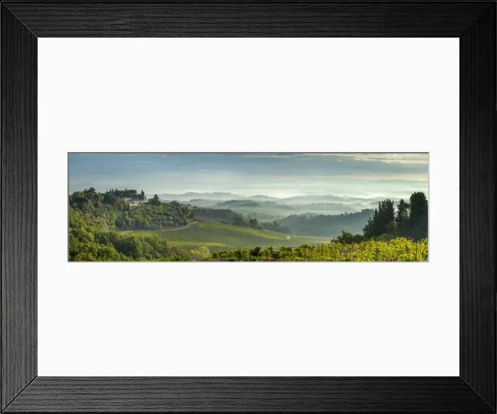 Framed Print : Early morning panoramic view of misty hills, near San Gimignano, Tuscany, Italy, Europe Framed Print : Early morning panoramic view of misty hills, near San Gimignano, Tuscany, Italy, Europe