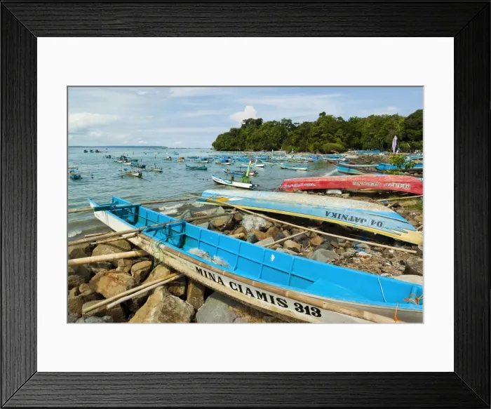 Framed Print : Outrigger fishing boats on the east side of the isthmus at this south coast resort town, Pangandaran, West Java, Java, Indonesia, Southeast Asia, Asia Framed Print : Outrigger fishing boats on the east side of the isthmus at this south coast resort town, Pangandaran, West Java, Java, Indonesia, Southeast Asia, Asia
