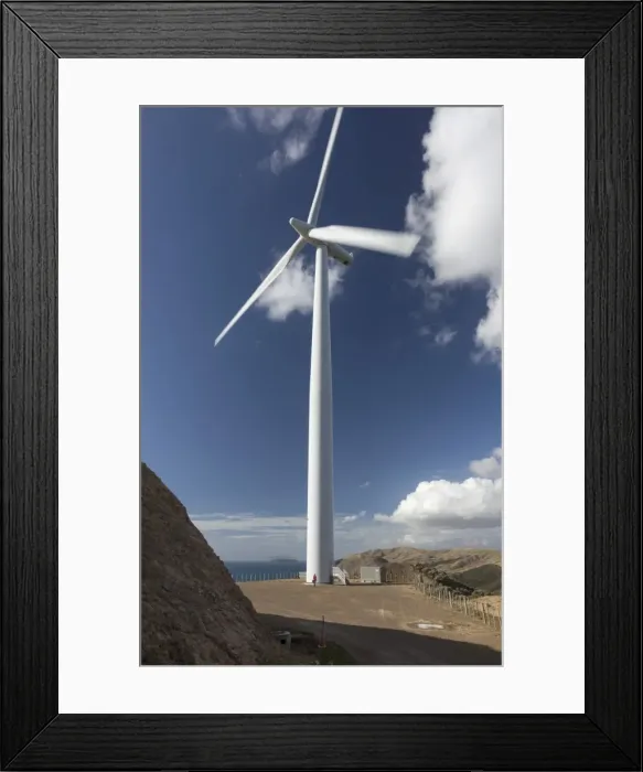 Framed Print : One of the turbines with a person for scale, West Wind wind farm of Meridian Energy at Makara, Wellington, North Island, New Zealand, Pacific Framed Print : One of the turbines with a person for scale, West Wind wind farm of Meridian Energy at Makara, Wellington, North Island, New Zealand, Pacific