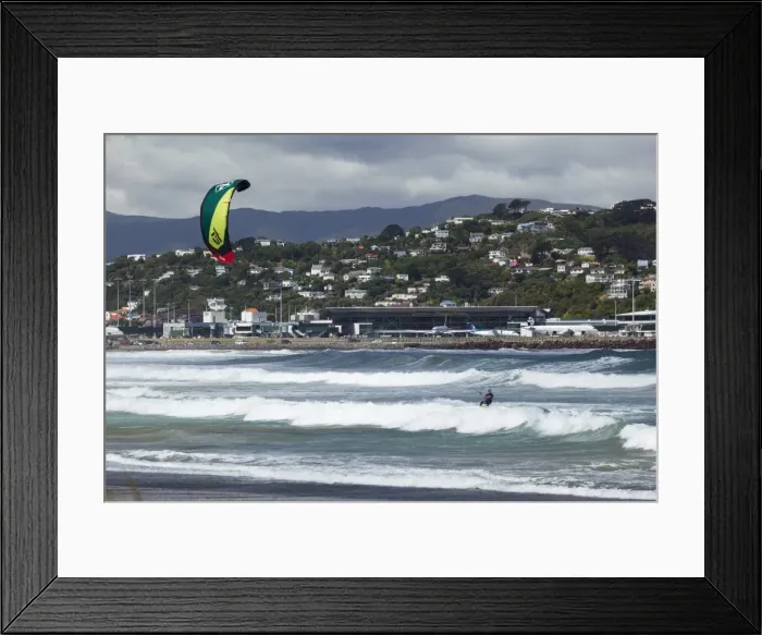 Framed Print : Kite surfer with airport in background, Lyall Bay, Wellington, North Island, New Zealand, Pacific Framed Print : Kite surfer with airport in background, Lyall Bay, Wellington, North Island, New Zealand, Pacific