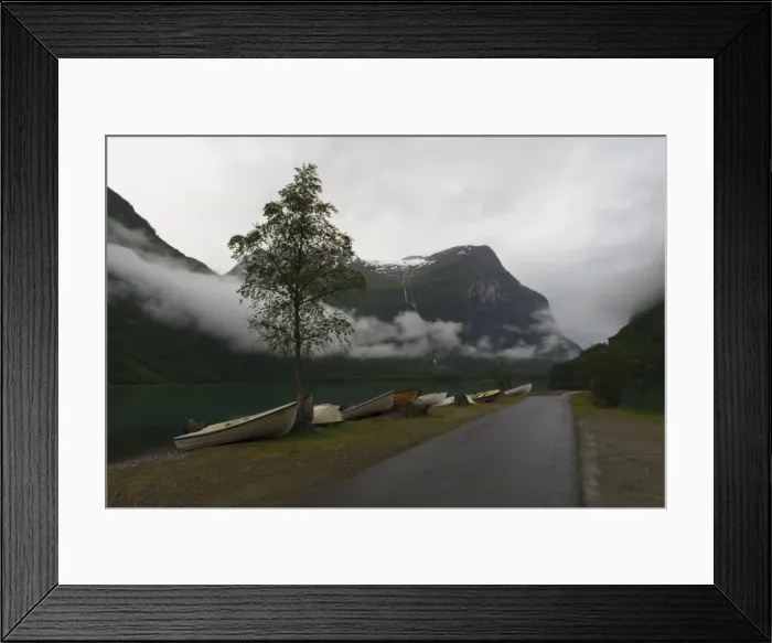 Framed Print : Rowing boats, lake, mountains and low cloud, Lovatnet Lake, Norway, Scandinavia, Europe Framed Print : Rowing boats, lake, mountains and low cloud, Lovatnet Lake, Norway, Scandinavia, Europe