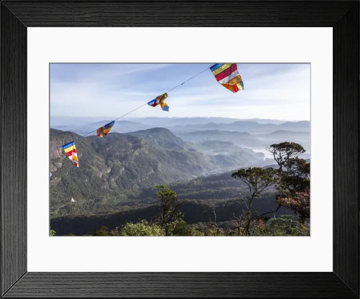 Framed Print : Buddhist flags framing the view down into the Dalhousie and the Hill Country beyond at sunrise from Adams Peak (Sri Pada), Sri Lanka, Asia Framed Print : Buddhist flags framing the view down into the Dalhousie and the Hill Country beyond at sunrise from Adams Peak (Sri Pada), Sri Lanka, Asia