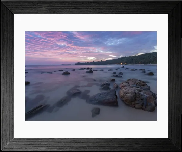 Framed Print : Long exposure of a pink sunset at the beach during dusk with rocks in the foreground, Tangalle, Sri Lanka, Asia Framed Print : Long exposure of a pink sunset at the beach during dusk with rocks in the foreground, Tangalle, Sri Lanka, Asia