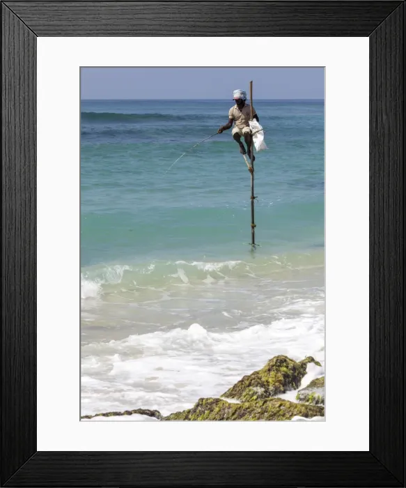 Framed Print : Stilt fisherman using traditional fishing techniques on a wooden pole, Weligama, Sri Lanka, Indian Ocean, Asia Framed Print : Stilt fisherman using traditional fishing techniques on a wooden pole, Weligama, Sri Lanka, Indian Ocean, Asia