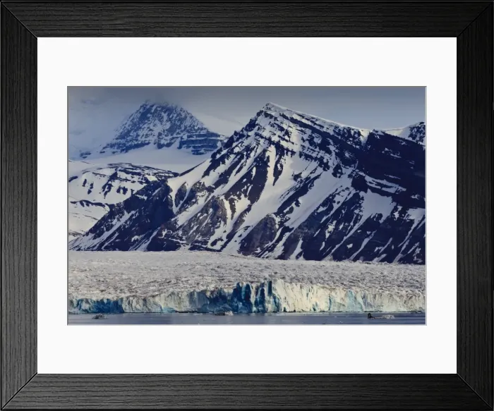 Framed Print : Glacier backed by snowy mountains, near Ny Alesund, Spitsbergen (Svalbard), Arctic, Norway, Scandinavia, Europe