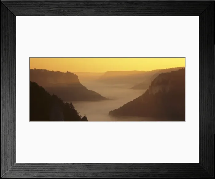 Framed Print : View from Eichfelsen Rock on Schloss Werenwag Castle and Danube Valley at sunrise, Upper Danube Nature Park, Swabian Alb, Baden Wurttemberg, Germany, Europe Framed Print : View from Eichfelsen Rock on Schloss Werenwag Castle and Danube Valley at sunrise, Upper Danube Nature Park, Swabian Alb, Baden Wurttemberg, Germany, Europe