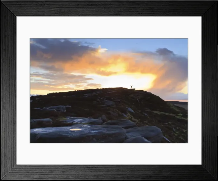 Framed Print : Person on rocks of Stanage Edge with winter sunrise, near Hathersage, Peak District National Park, Derbyshire, England, United Kingdom, Europe Framed Print : Person on rocks of Stanage Edge with winter sunrise, near Hathersage, Peak District National Park, Derbyshire, England, United Kingdom, Europe