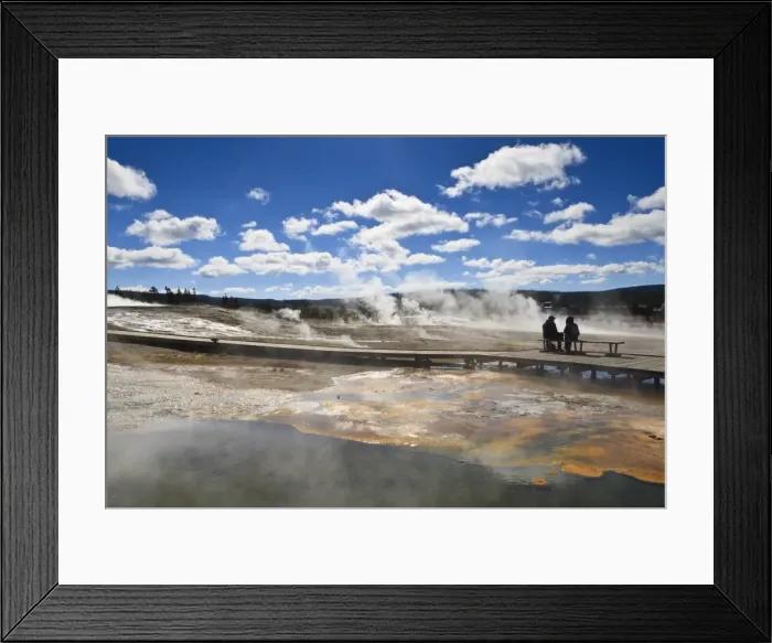 Framed Print : Cold tourists on seat surrounded by steam, Upper Geyser Basin, Yellowstone National Park, UNESCO World Heritage Site, Wyoming, United States of America, North America Framed Print : Cold tourists on seat surrounded by steam, Upper Geyser Basin, Yellowstone National Park, UNESCO World Heritage Site, Wyoming, United States of America, North America