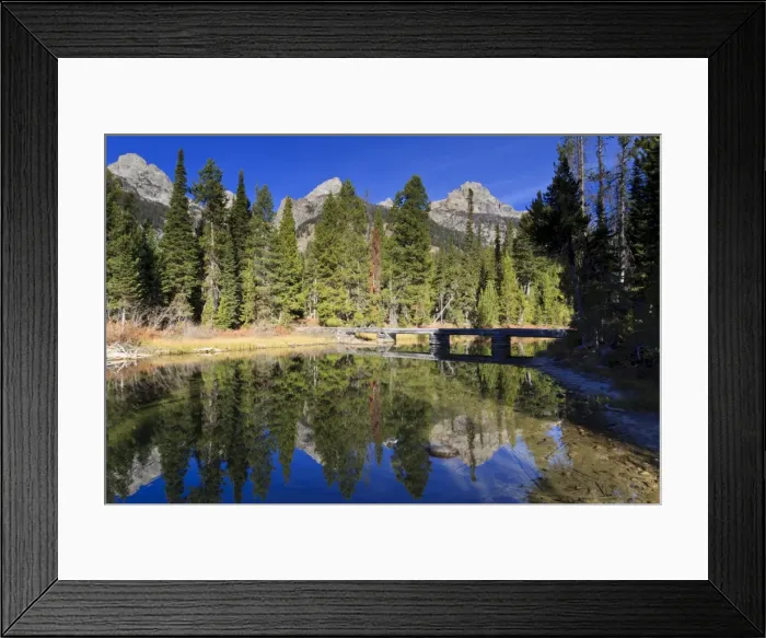 Framed Print : Teton Range, footbridge and pines with reflections, Bradley Lake, Grand Teton National Park, Wyoming, United States of America, North America Framed Print : Teton Range, footbridge and pines with reflections, Bradley Lake, Grand Teton National Park, Wyoming, United States of America, North America