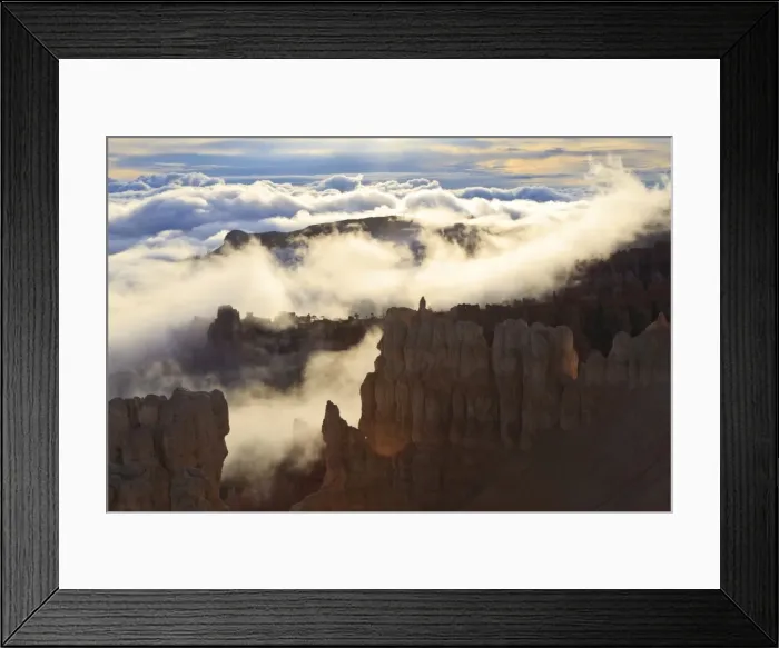 Framed Print : Fog and clouds of a partial temperature inversion surround the red rocks of Bryce Canyon, Bryce Canyon National Park, Utah, United States of America, North America Framed Print : Fog and clouds of a partial temperature inversion surround the red rocks of Bryce Canyon, Bryce Canyon National Park, Utah, United States of America, North America