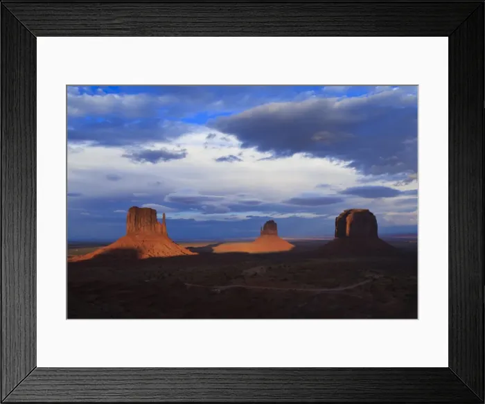 Framed Print : The Mittens at dusk cast long shadows, Monument Valley Navajo Tribal Park, Utah and Arizona border, United States of America, North America