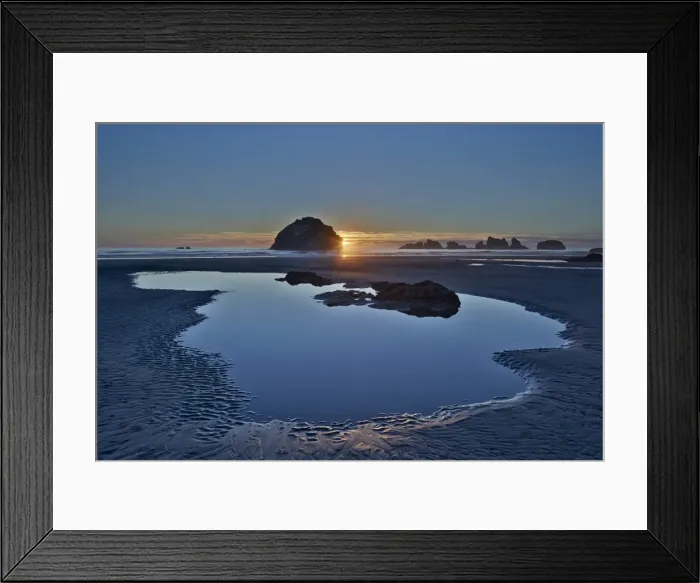 Framed Print : Sunset by a sea stack over a pool on the beach, Bandon Beach, Oregon, United States of America, North America