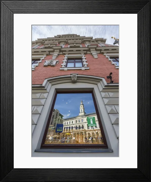 Framed Print : Reflections of downtown in shop window, Riga, Latvia, Europe Framed Print : Reflections of downtown in shop window, Riga, Latvia, Europe