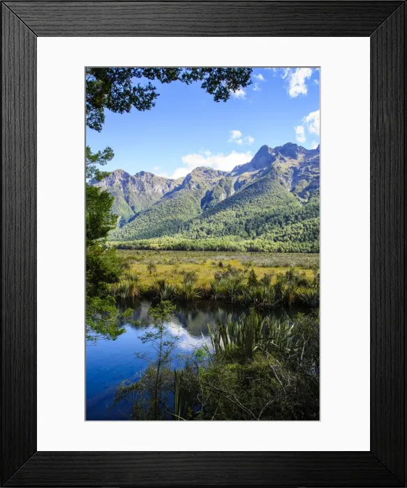Framed Print : Mountains reflecting in the Mirror Lakes, Eglinton Valley, South Island, New Zealand, Pacific Framed Print : Mountains reflecting in the Mirror Lakes, Eglinton Valley, South Island, New Zealand, Pacific