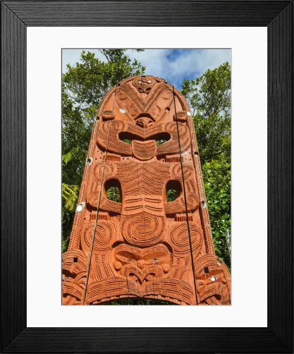 Framed Print : Woodecarved entrance at the Te Puia Maori Cultural Center, Rotorura, North Island, New Zealand, Pacific