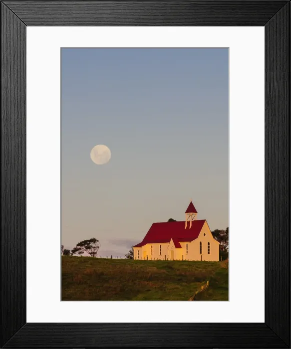 Framed Print : Full moon behind a little chapel, Westcoast, Northland, North Island, New Zealand, Pacific Framed Print : Full moon behind a little chapel, Westcoast, Northland, North Island, New Zealand, Pacific