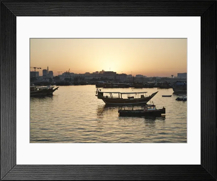 Framed Print : View from the Museum of Islamic Arts towards the old part of Doha and the dhows moored in the Harbour, at sunset, Doha, Qatar, Middle East Framed Print : View from the Museum of Islamic Arts towards the old part of Doha and the dhows moored in the Harbour, at sunset, Doha, Qatar, Middle East