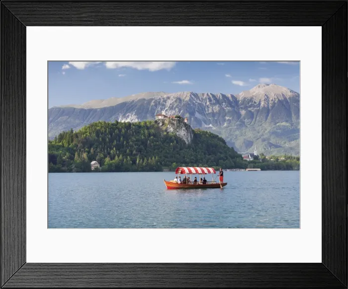 Framed Print : Excursion boat, Bled Castle, Lake Bled, Gorenjska, Julian Alps, Slovenia, Europe Framed Print : Excursion boat, Bled Castle, Lake Bled, Gorenjska, Julian Alps, Slovenia, Europe