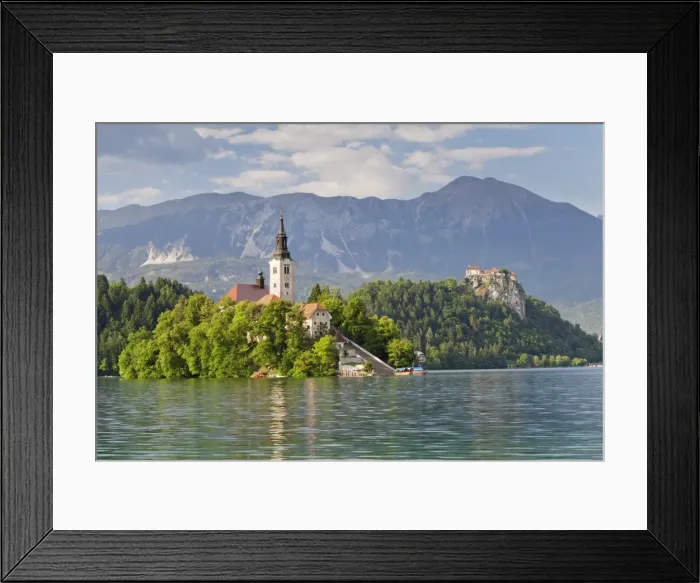 Framed Print : Blejski Otok Island with Santa Maria Church, Bled Castle, Lake Bled, Gorenjska, Julian Alps, Slovenia, Europe