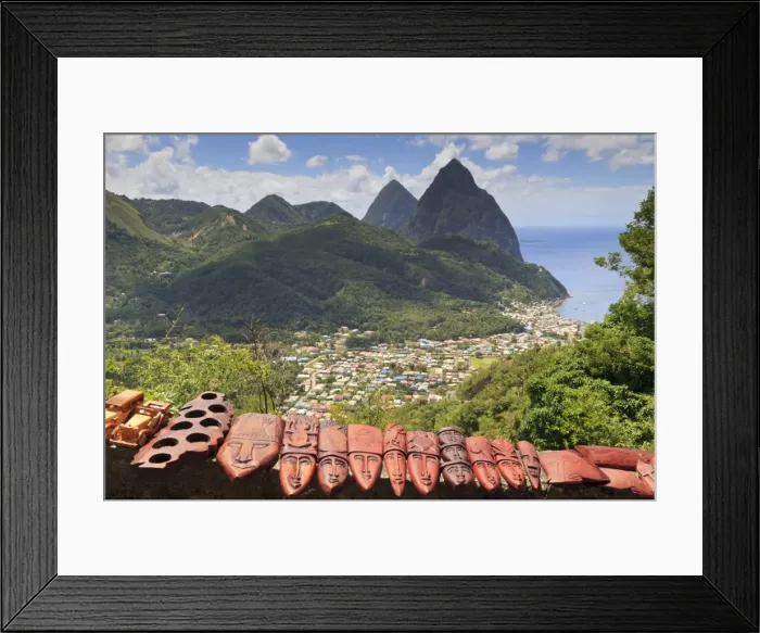 Framed Print : Souvenir stall with view of the Pitons and Soufriere, St. Lucia, Windward Islands, West Indies, Caribbean Framed Print : Souvenir stall with view of the Pitons and Soufriere, St. Lucia, Windward Islands, West Indies, Caribbean