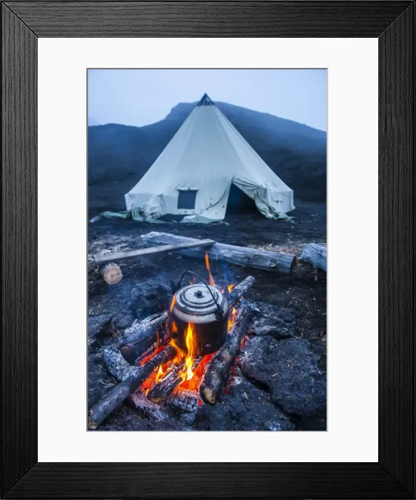 Framed Print : Boiling water pot over an open fire on a campsite and tipi on Tolbachik volcano, Kamchatka, Russia, Eurasia Framed Print : Boiling water pot over an open fire on a campsite and tipi on Tolbachik volcano, Kamchatka, Russia, Eurasia
