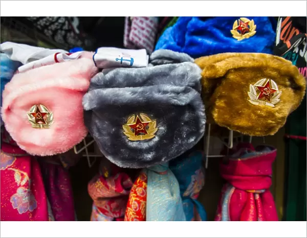 Soviet fur hats for sale in Peterhof (Petrodvorets), St. Petersburg, Russia, Europe