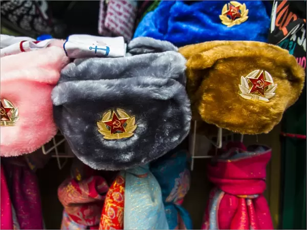 Soviet fur hats for sale in Peterhof (Petrodvorets), St. Petersburg, Russia, Europe