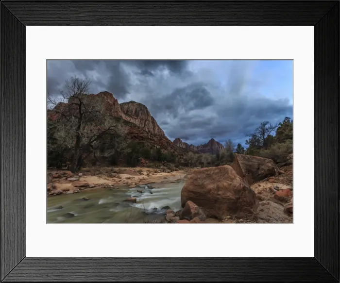 Framed Print : Dusk beside the Virgin River under a threatening sky in winter, Zion National Park, Utah, United States of America, North America Framed Print : Dusk beside the Virgin River under a threatening sky in winter, Zion National Park, Utah, United States of America, North America
