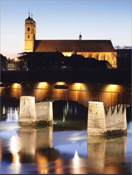 Historical wooden bridge and cathedral (Fridolinsmunster), Bad Sackingen, Black Forest, Baden Wurttemberg, Germany, Europe
