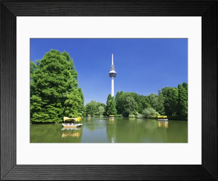 Framed Print : Boat trip at Kutzenweiher Lake, Luisenpark, municipal park, and telecommunication tower, Mannheim, Baden Wurttemberg, Germany, Europe Framed Print : Boat trip at Kutzenweiher Lake, Luisenpark, municipal park, and telecommunication tower, Mannheim, Baden Wurttemberg, Germany, Europe