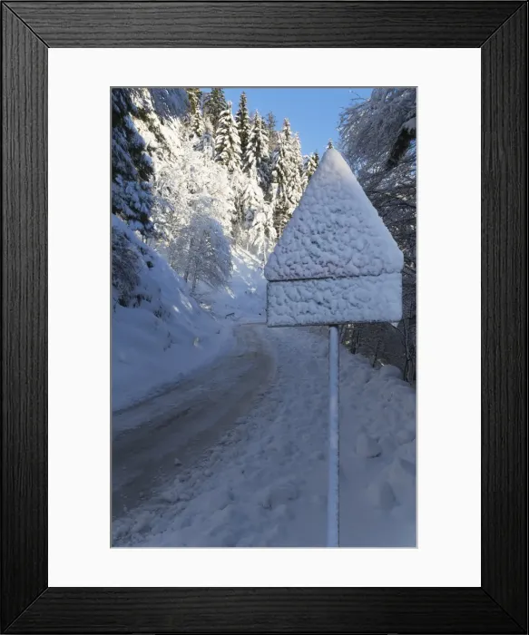 Framed Print : Snow-covered road sign in the Italian Alps in winter, Aosta Valley, Italy, Europe Framed Print : Snow-covered road sign in the Italian Alps in winter, Aosta Valley, Italy, Europe