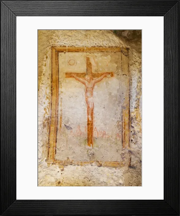 Framed Print : Crucifix fresco in a cave church in the Sassi area of Matera, Basilicata, Italy, Europe Framed Print : Crucifix fresco in a cave church in the Sassi area of Matera, Basilicata, Italy, Europe