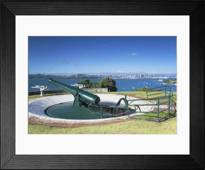 Framed Print : Disappearing gun and Auckland skyline, North Head Historic Reserve, Devonport, Auckland, North Island, New Zealand, Pacific Framed Print : Disappearing gun and Auckland skyline, North Head Historic Reserve, Devonport, Auckland, North Island, New Zealand, Pacific