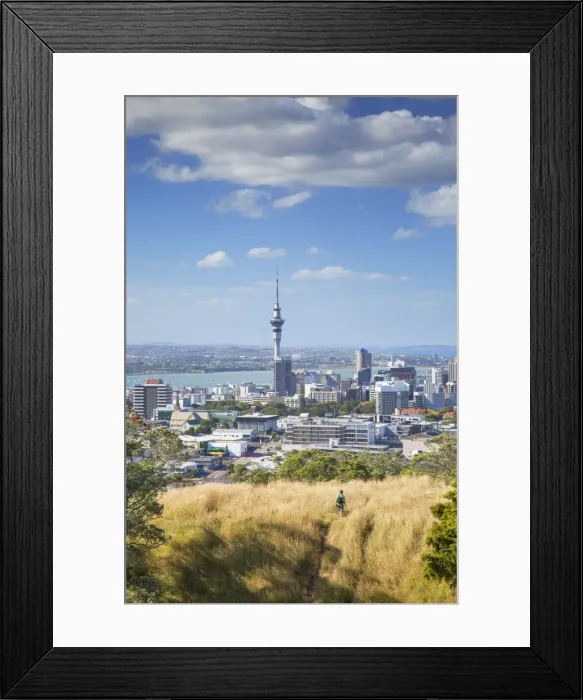 Framed Print : View of Auckland with man hiking on Mount Eden, Auckland, North Island, New Zealand, Pacific Framed Print : View of Auckland with man hiking on Mount Eden, Auckland, North Island, New Zealand, Pacific