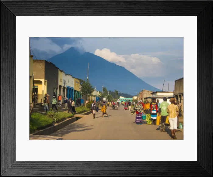 Framed Print : Little village before the towering volcanoes of the Virunga National Park, Rwanda, Africa Framed Print : Little village before the towering volcanoes of the Virunga National Park, Rwanda, Africa