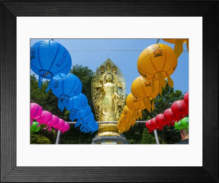 Framed Print : Colourful paper lanterns in front of a golden Buddha in the fortress of Suwon, UNESCO World Heritage Site, Suwon, South Korea, Asia Framed Print : Colourful paper lanterns in front of a golden Buddha in the fortress of Suwon, UNESCO World Heritage Site, Suwon, South Korea, Asia