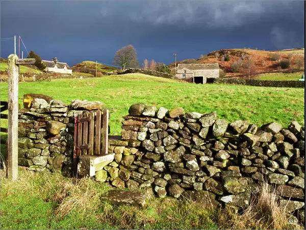 Stile in a dry stone wall at Storiths, North Yorkshire, Yorkshire, England, United Kingdom, Europe