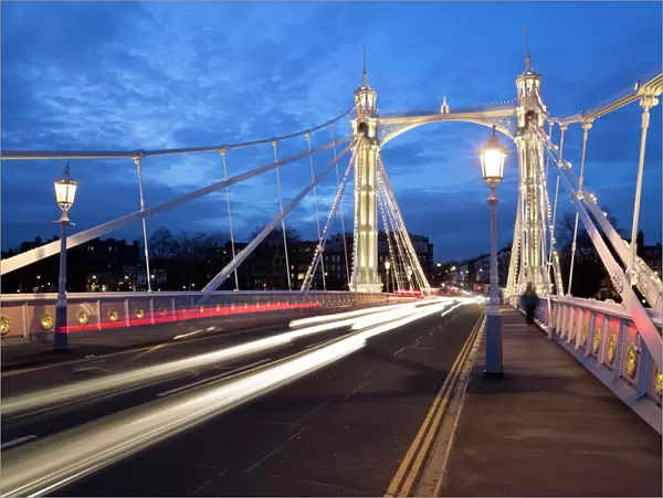 Albert Bridge at night, Chelsea, London, England, United Kingdom, Europe