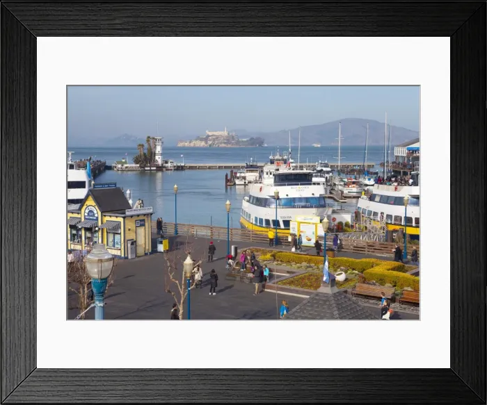 Framed Print : Fishermans Warf with Alcatraz in the background, San Francisco, California, United States of America, North America Framed Print : Fishermans Warf with Alcatraz in the background, San Francisco, California, United States of America, North America