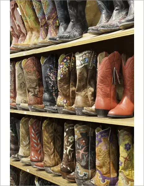 Cowboy boots lining the shelves, Austin, Texas, United States of America, North America
