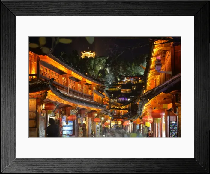 Framed Print : Busy Lijiang Old Town, UNESCO World Heritage Site, at night with Lion Hill and Wan Gu Tower, Lijiang, Yunnan, China, Asia Framed Print : Busy Lijiang Old Town, UNESCO World Heritage Site, at night with Lion Hill and Wan Gu Tower, Lijiang, Yunnan, China, Asia
