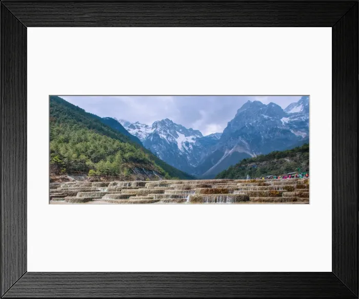 Framed Print : A panoramic view of cascading waterfalls and mountain backdrop, including Yu Long Xue Shan at White Water River (Baishuihe), Lijiang, Yunnan, China, Asia Framed Print : A panoramic view of cascading waterfalls and mountain backdrop, including Yu Long Xue Shan at White Water River (Baishuihe), Lijiang, Yunnan, China, Asia