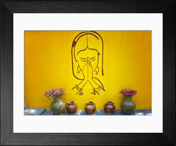 Framed Print : Drawing of praying woman on a yellow wall in Lijiang, Yunnan, China, Asia Framed Print : Drawing of praying woman on a yellow wall in Lijiang, Yunnan, China, Asia