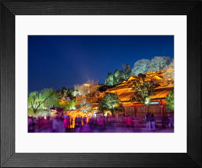 Framed Print : Colourfully illuminated traditional architecture and trees in the old town of Lijiang, UNESCO World Heritage Site, Yunnan province, China, Asia Framed Print : Colourfully illuminated traditional architecture and trees in the old town of Lijiang, UNESCO World Heritage Site, Yunnan province, China, Asia