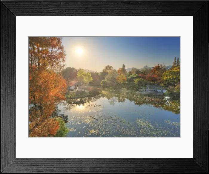 Framed Print : Elevated view of small pagoda in autumn in a wide park scene in Hangzhou, Zhejiang, China, Asia Framed Print : Elevated view of small pagoda in autumn in a wide park scene in Hangzhou, Zhejiang, China, Asia