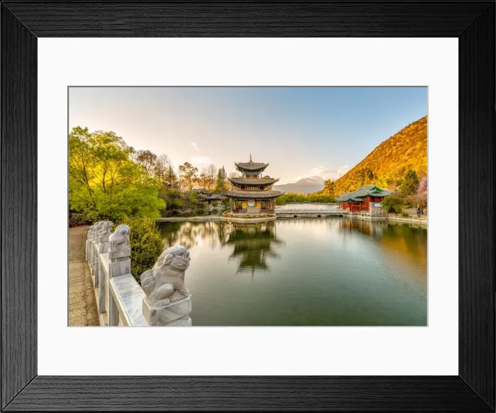 Framed Print : Moon Embracing Pagoda (Deyue Pavilion) as seen from Suocui Bridge in Jade Spring Park, Lijiang, Yunnan Province, China, Asia
