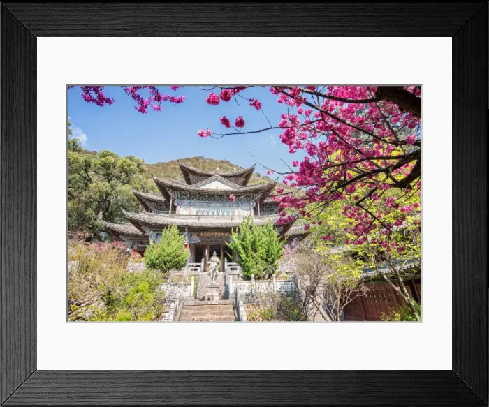 Framed Print : Fu Guo Temple, Five Phoenix Building (formerly Buddhist Cloud Building) in spring, Lijiang, Yunnan, China, Asia Framed Print : Fu Guo Temple, Five Phoenix Building (formerly Buddhist Cloud Building) in spring, Lijiang, Yunnan, China, Asia