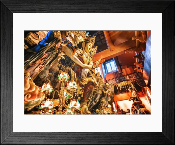 Framed Print : GuanYin Buddha at Yong Fu Temple with rich decorations in a wide angle perspective, Hangzhou, Zhejiang, China, Asia Framed Print : GuanYin Buddha at Yong Fu Temple with rich decorations in a wide angle perspective, Hangzhou, Zhejiang, China, Asia